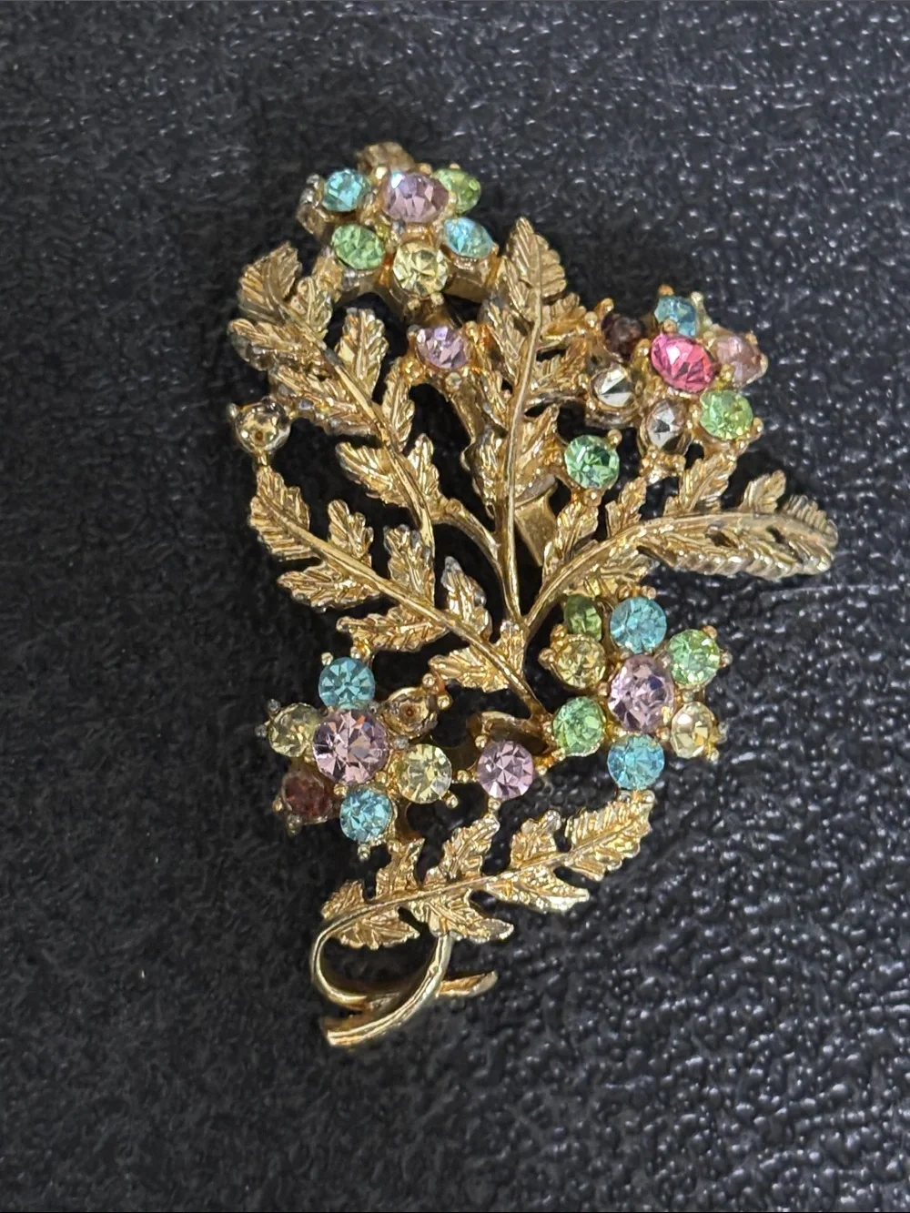 Vintage Coro Gold-Tone Floral Crystal Brooch - Multicolor Elegant